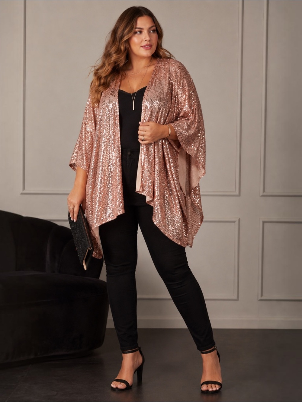 Torrid Rose Gold Sequin Ruana One Size Plus Size NWT Champagne Party Kimono